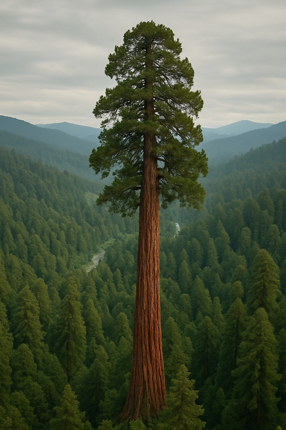 Aerial drone view of a massive ancient coast redwood towering above a dense emerald forest canopy