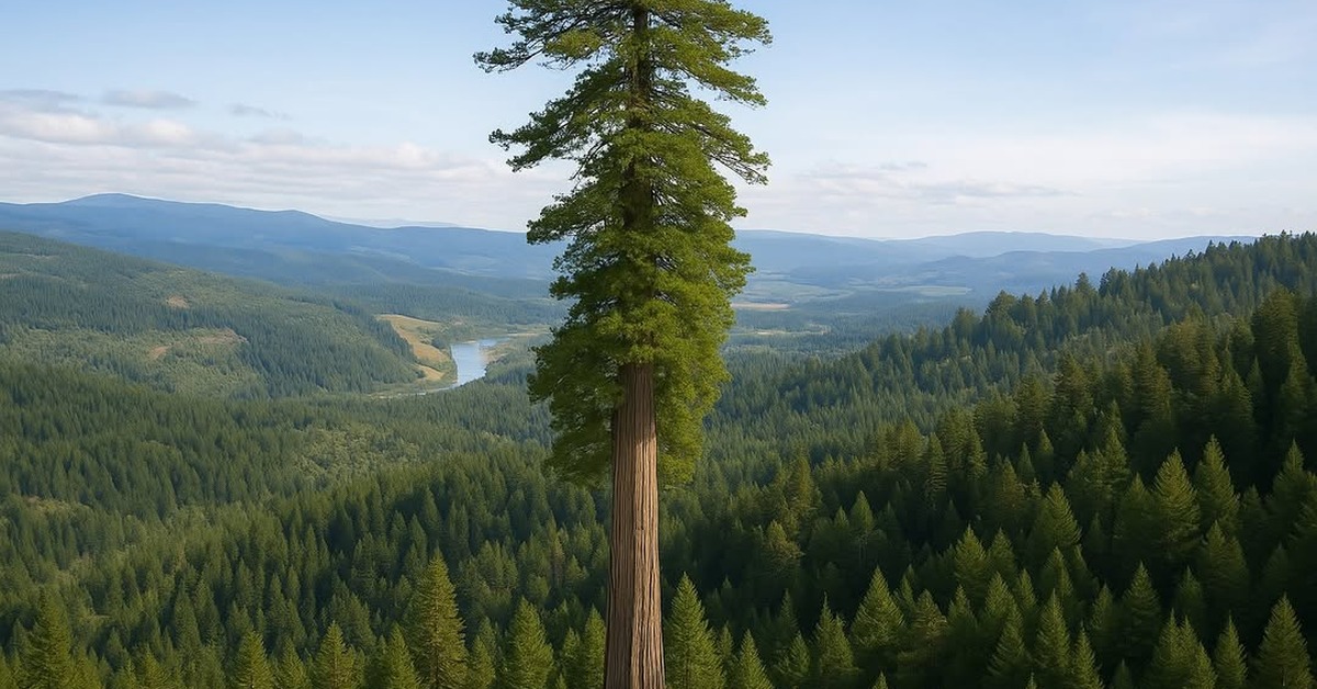 Ground-level perspective looking up through towering redwood trunks into a misty forest canopy