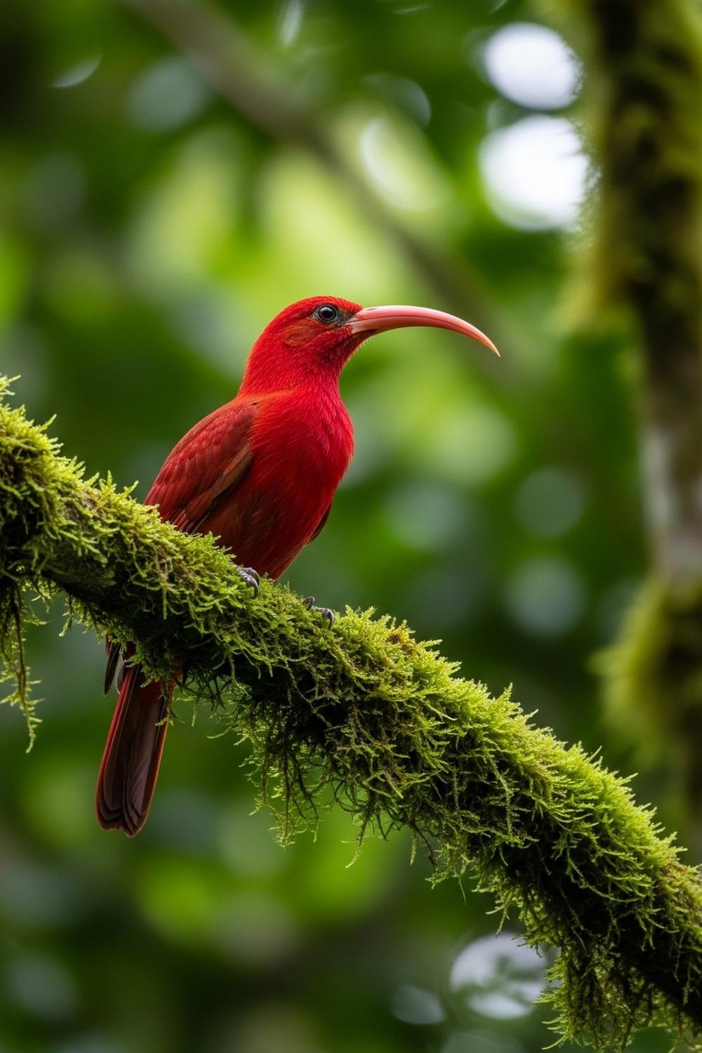 Brilliant scarlet iiwi bird perched on a curved Hawaiian flower in lush green forest