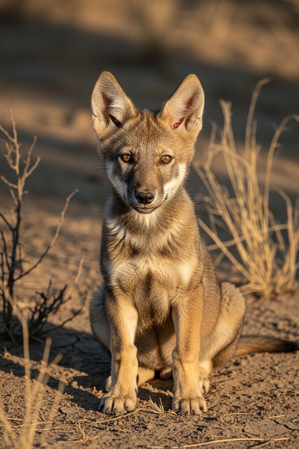Indian wolf pup takes first steps in dry scrubland at Bankapur Sanctuary, Karnataka