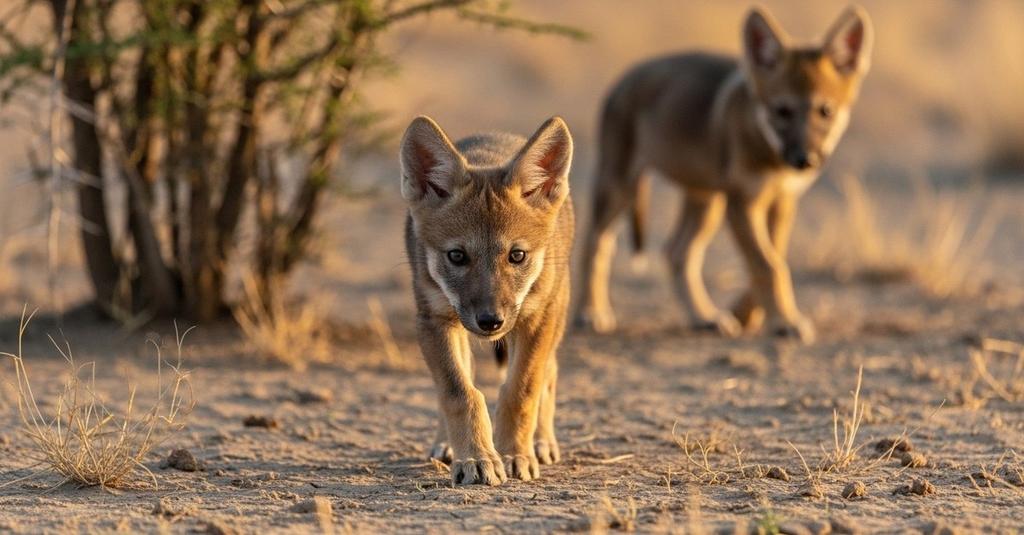 Adult Indian wolf stands alert at dusk in arid grassland habitat, Karnataka India