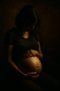 Pregnant woman in dark studio light cradling her bare belly with both hands tenderly