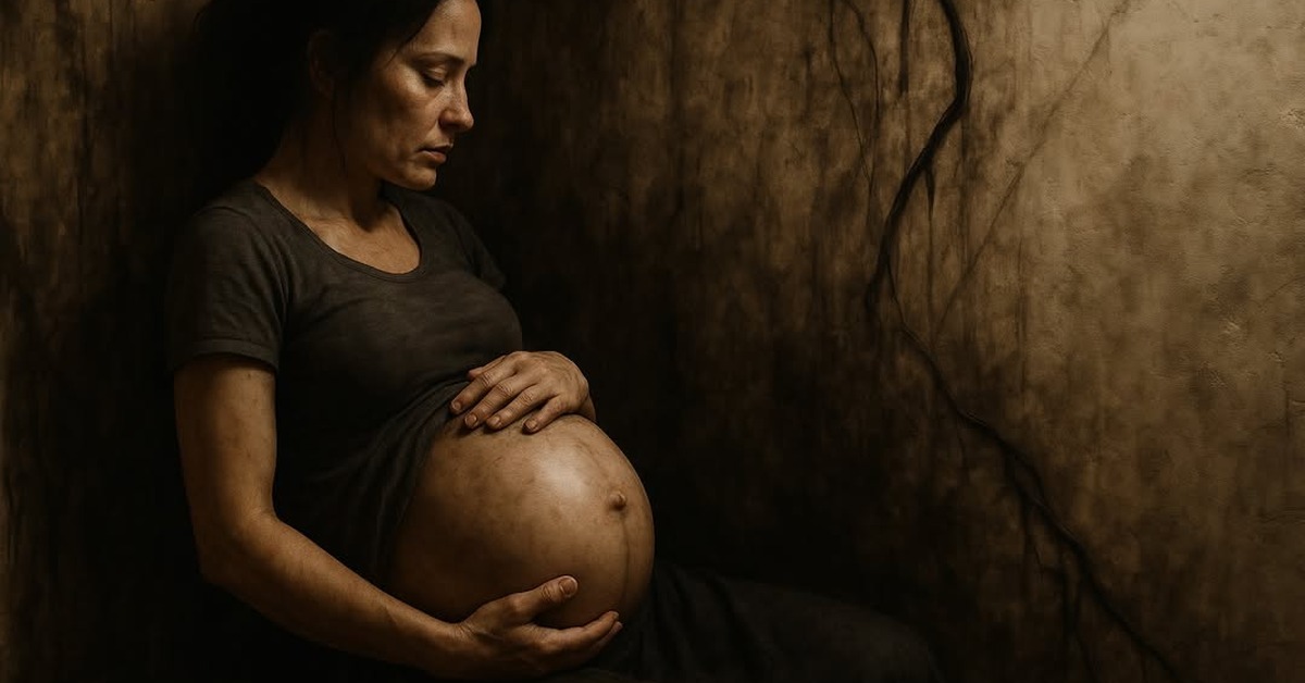 Close-up of illuminated pregnant belly cradled in hands against dark warm-toned background
