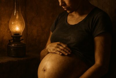 Pregnant woman in warm chiaroscuro light cradling her bare belly with both hands tenderly