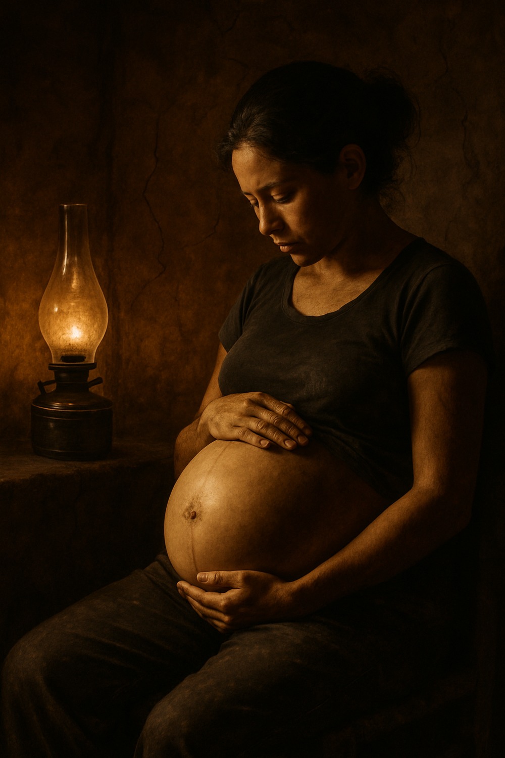 Pregnant woman in warm chiaroscuro light cradling her bare belly with both hands tenderly