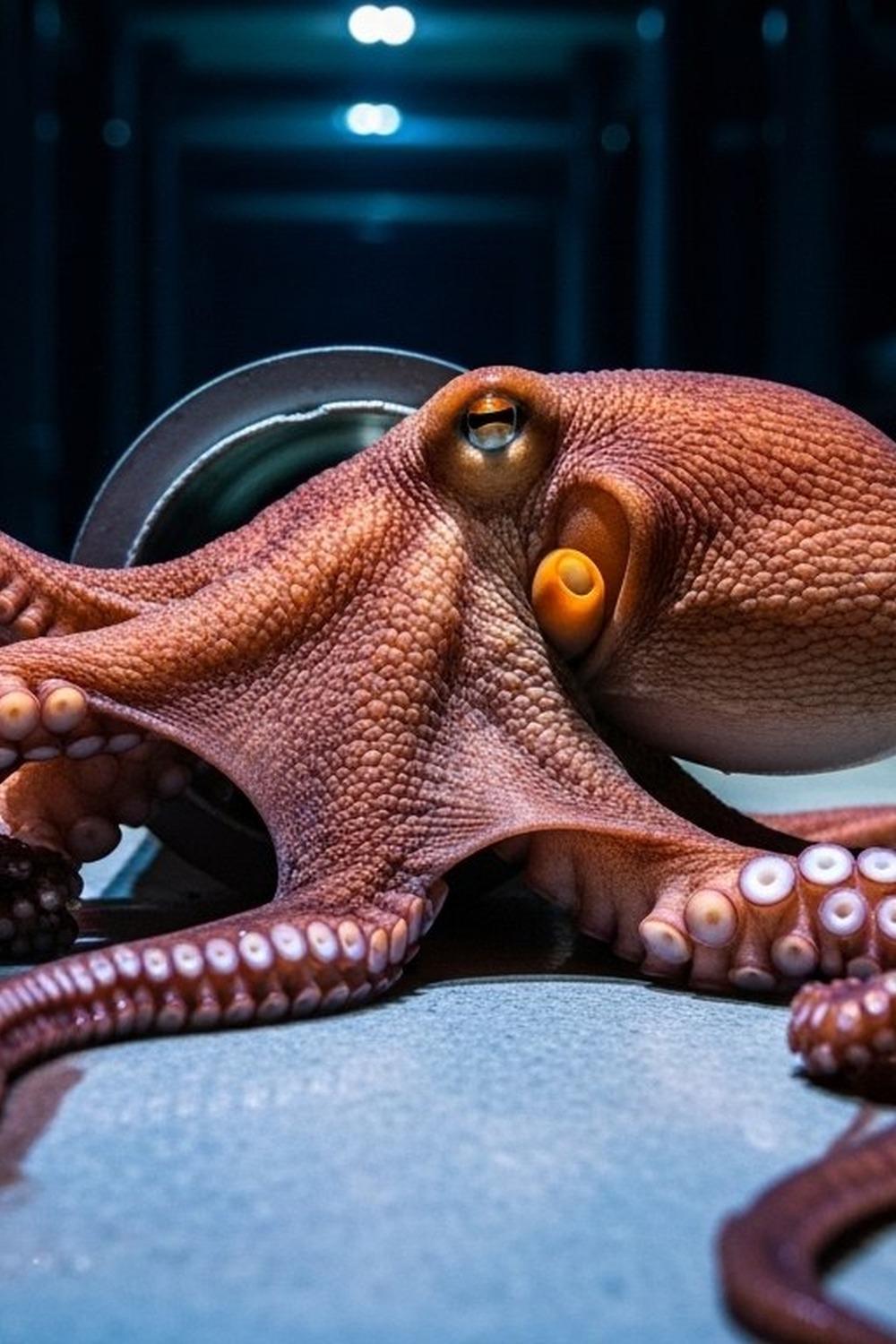 A common octopus squeezing its boneless body through a impossibly narrow gap in a tank
