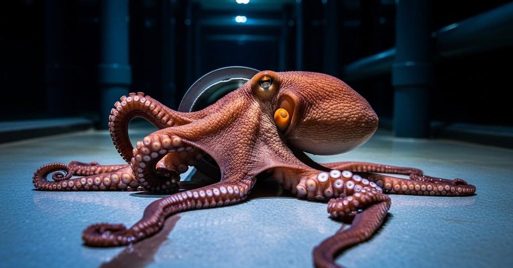 Octopus crawling across a wet surface at night toward a dark drainpipe opening