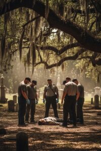 Six inmates standing vigil over an unconscious officer in a sunlit Georgia cemetery