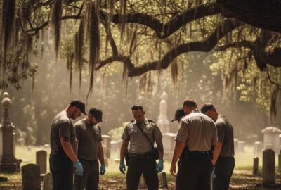 Six inmates standing vigil over an unconscious officer in a sunlit Georgia cemetery