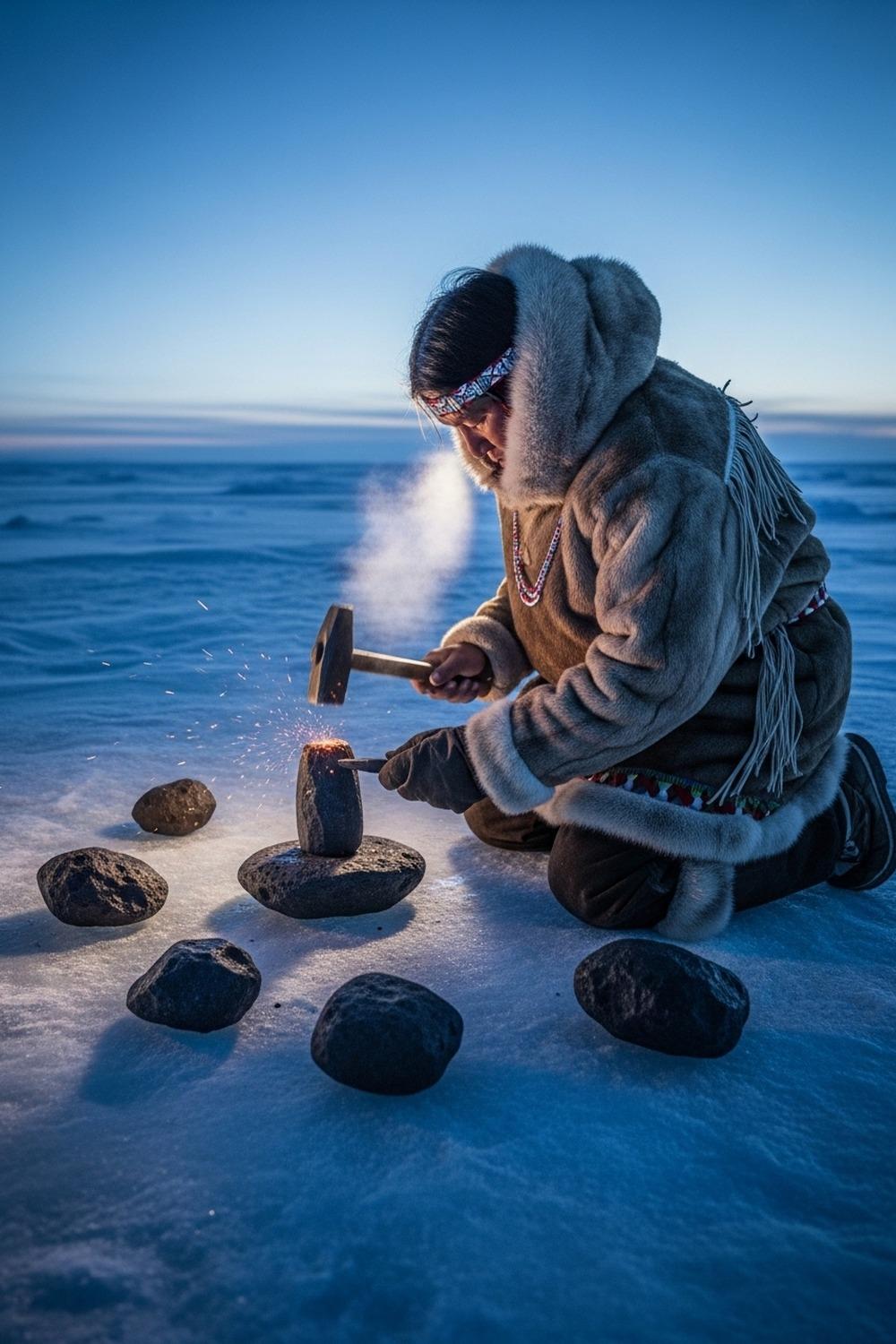 Ancient Inuit hunter holding a handcrafted iron knife blade forged from meteorite fragments on Arctic ice