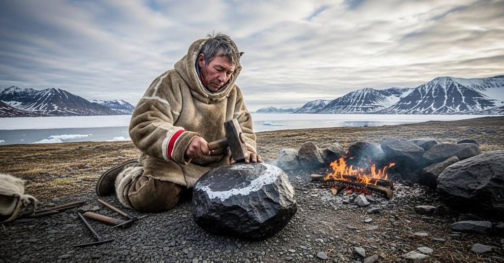 Close-up of a rough iron meteorite fragment resting on frozen Arctic tundra snow
