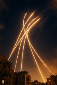 Iron Dome intercept trails streak across a night sky above a glowing city skyline