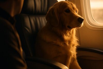 A small dog sitting calmly in an airplane cabin seat next to its owner