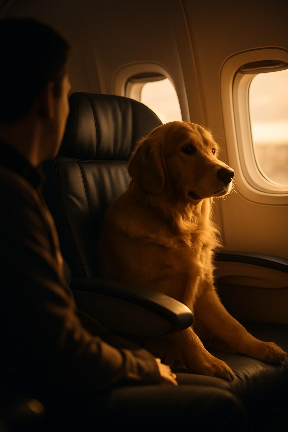 A small dog sitting calmly in an airplane cabin seat next to its owner