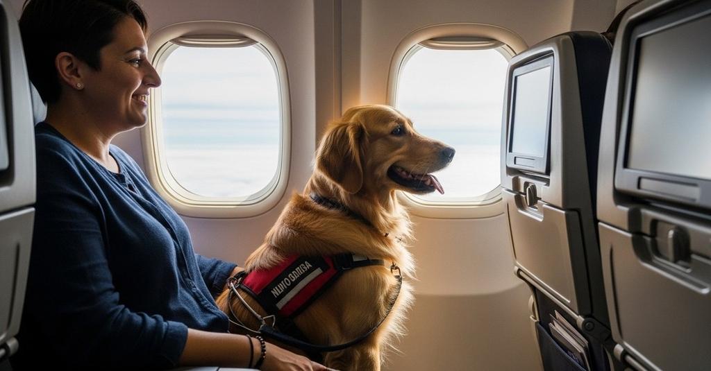 Close-up of a happy dog looking out an airplane window during flight