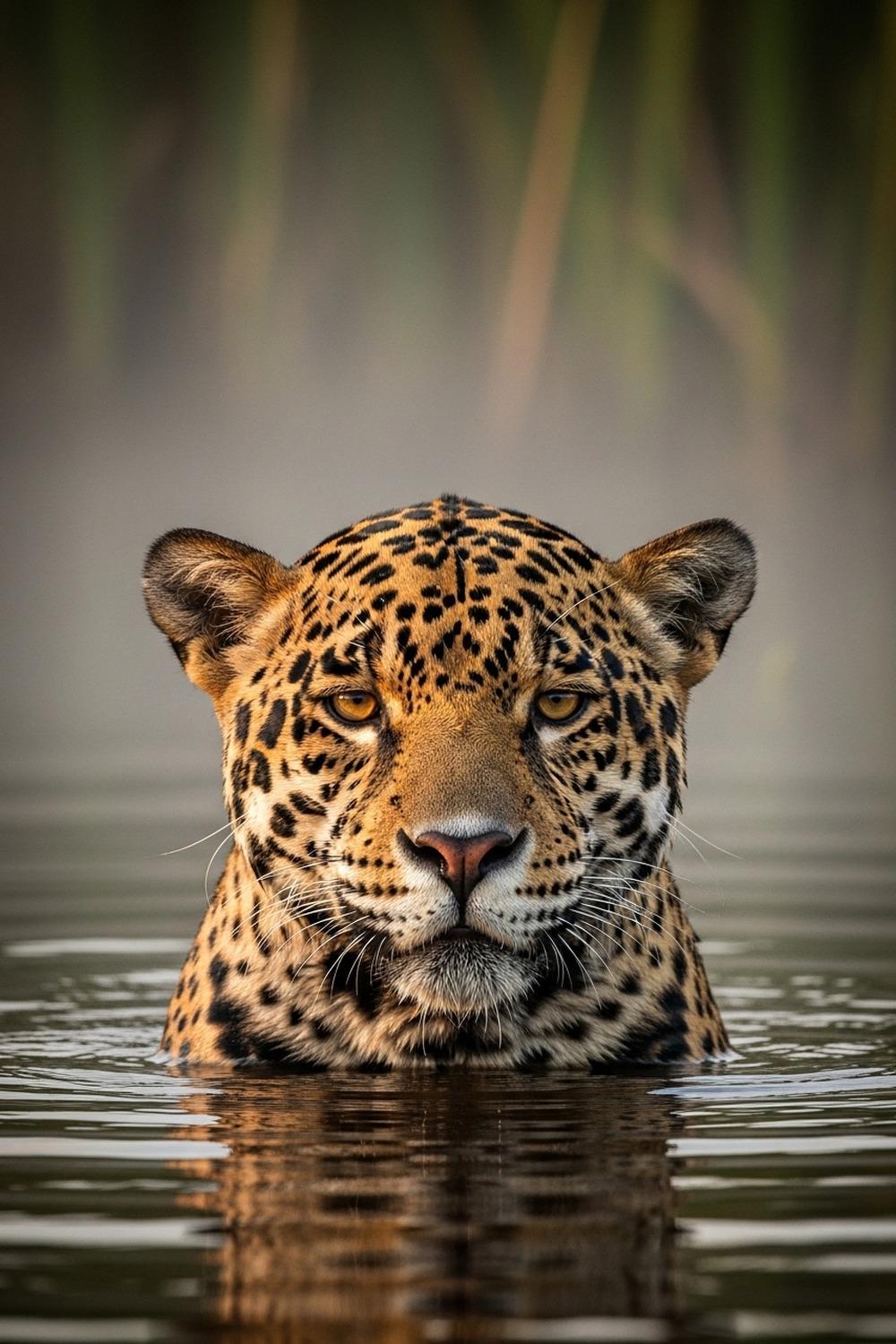 Massive jaguar emerging from Pantanal wetland reeds with intense golden eyes focused forward