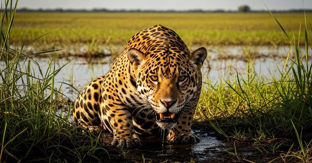 Jaguar powerful jaw close-up showing muscular skull and teeth near dark water