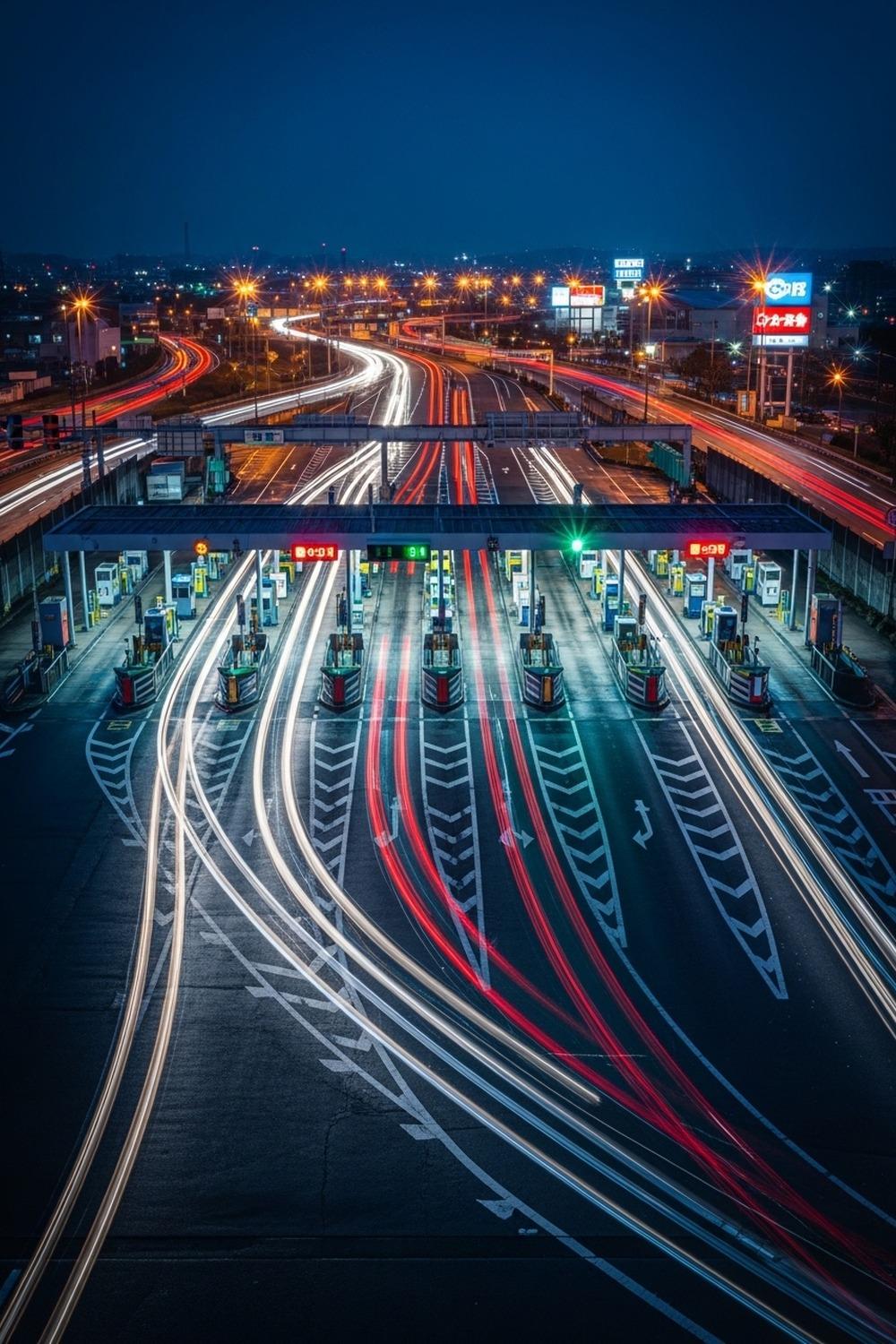 Aerial view of busy Japanese expressway at night with glowing toll plaza gates lifted open