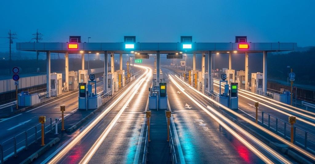 Close-up of Japanese ETC toll sensor above an open highway lane at dawn