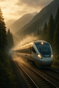 Japan hydrogen train gliding through misty mountain landscape leaving only water vapor trail