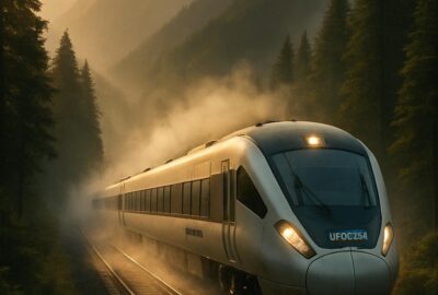 Japan hydrogen train gliding through misty mountain landscape leaving only water vapor trail