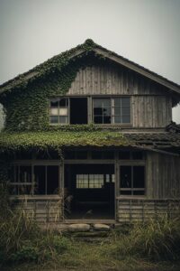 Abandoned fur farm building overgrown with vines and moss in rural Japan