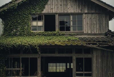 Abandoned fur farm building overgrown with vines and moss in rural Japan