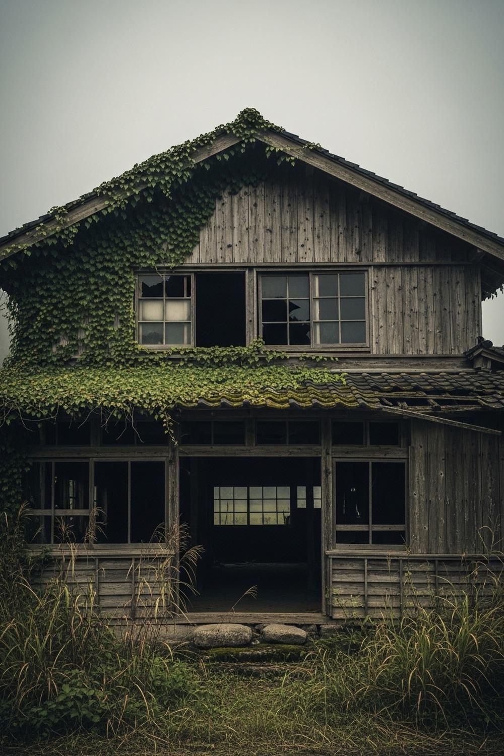 Abandoned fur farm building overgrown with vines and moss in rural Japan
