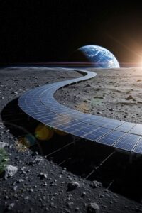 Vast band of solar panels stretching across the Moon's equatorial surface in space