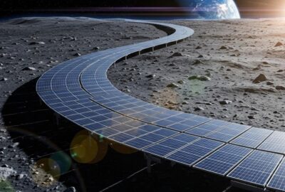Vast band of solar panels stretching across the Moon's equatorial surface in space