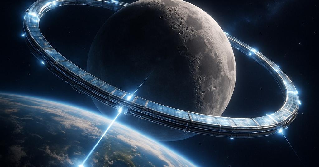 Microwave energy beam transmitting from lunar surface toward glowing blue Earth