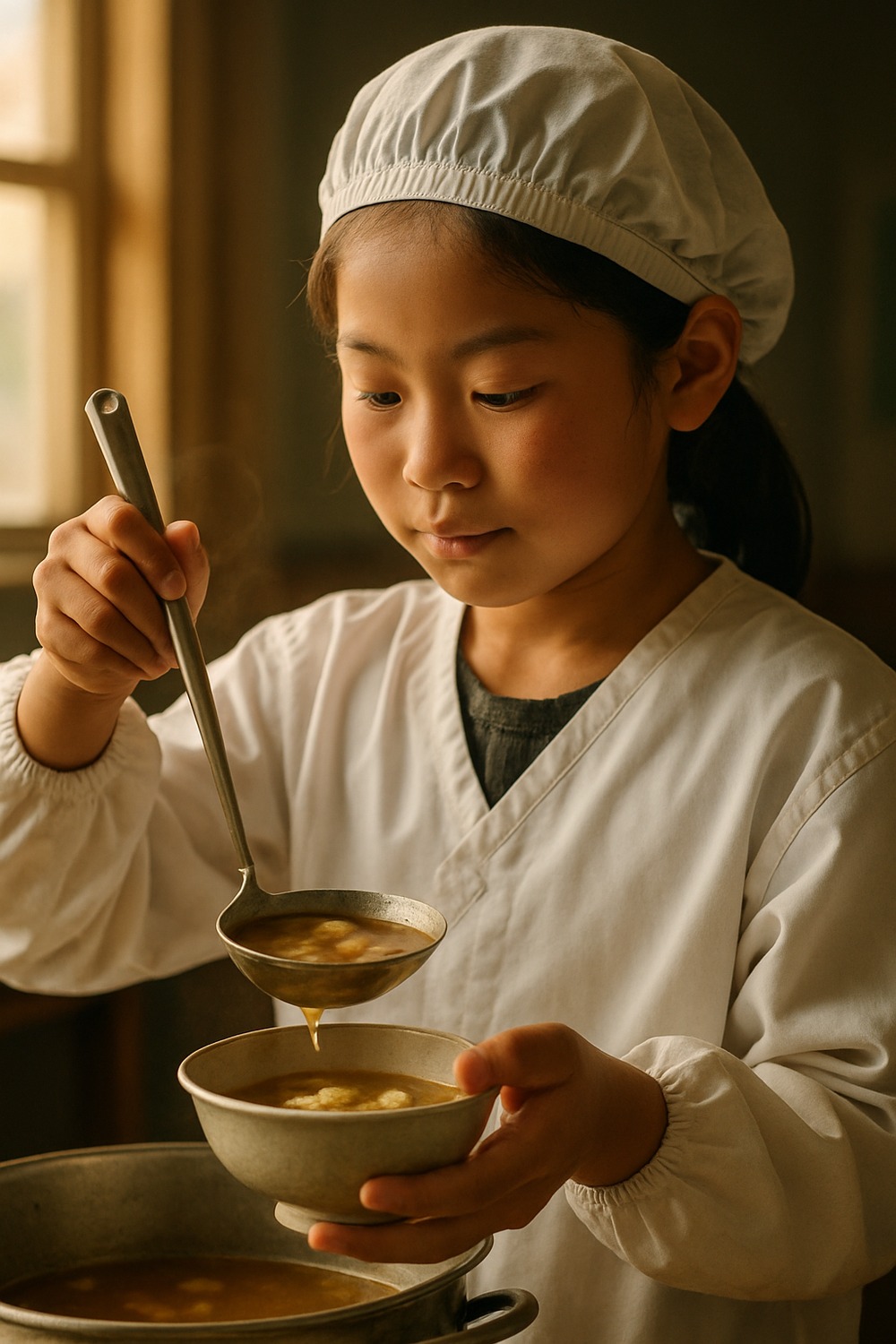 Japanese schoolchildren in white aprons and hairnets serving lunch to classmates in a bright classroom