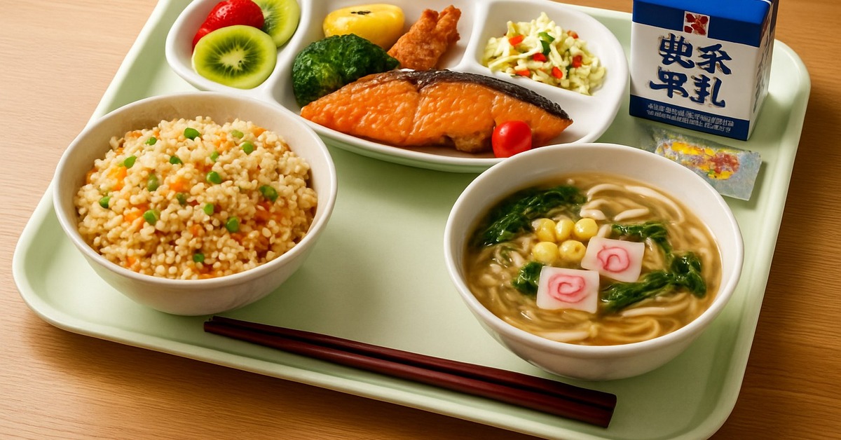 Traditional Japanese school lunch tray with rice, grilled mackerel, miso soup, and pickled vegetables