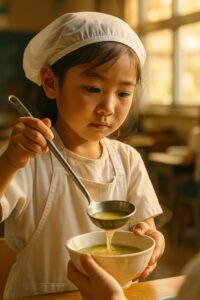 Japanese elementary school children in aprons serving fresh lunch to classmates in uniform