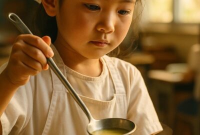 Japanese elementary school children in aprons serving fresh lunch to classmates in uniform