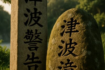 Two ancient Japanese tsunami warning stones engraved with kanji standing in sunlit grass