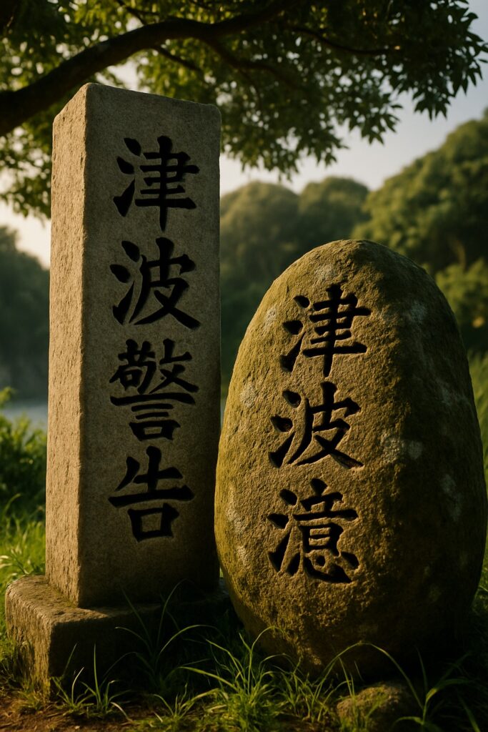Two ancient Japanese tsunami warning stones engraved with kanji standing in sunlit grass