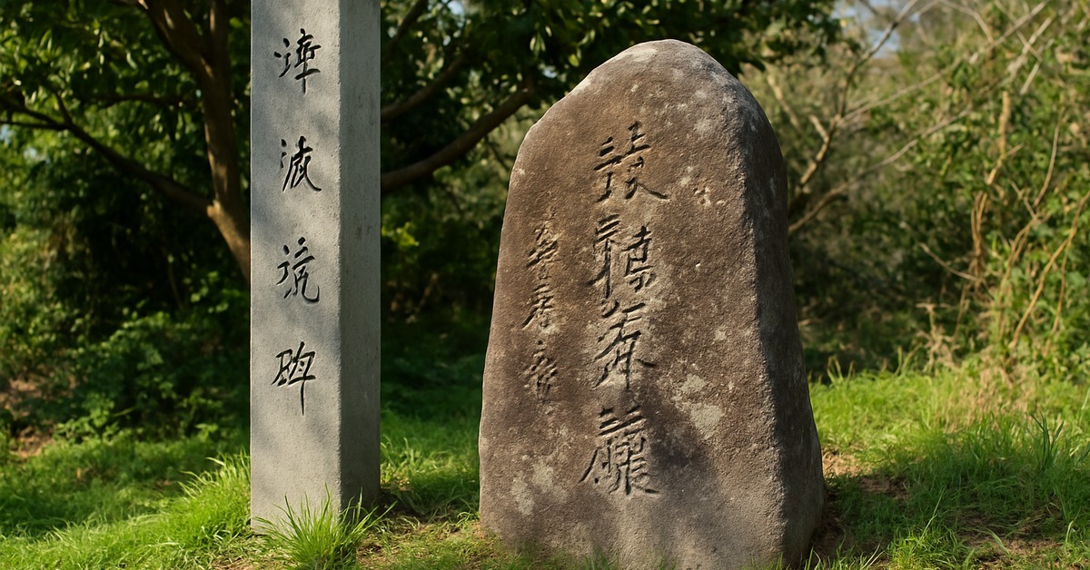 Close-up of weathered kanji carvings on a mossy Japanese tsunami warning boulder