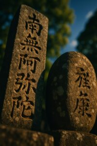 Two ancient Japanese tsunami warning stones stand side by side in sunlit green landscape