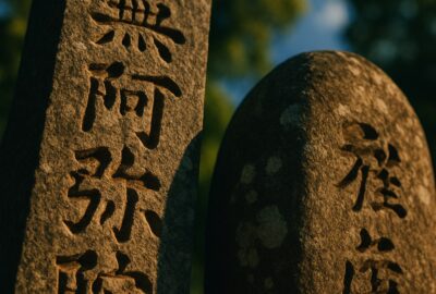 Two ancient Japanese tsunami warning stones stand side by side in sunlit green landscape