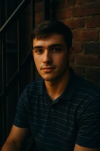 Young man with confident expression seated on urban fire escape staircase at golden hour