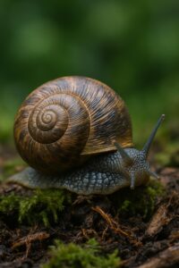 Close-up of a rare counter-clockwise spiraling garden snail shell on mossy stone