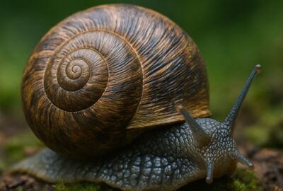 Close-up of a rare counter-clockwise spiraling garden snail shell on mossy stone