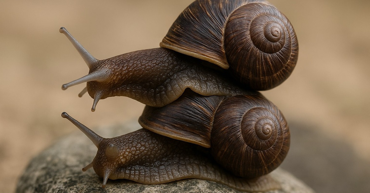 Two garden snails touching antennae on a damp green leaf in soft light
