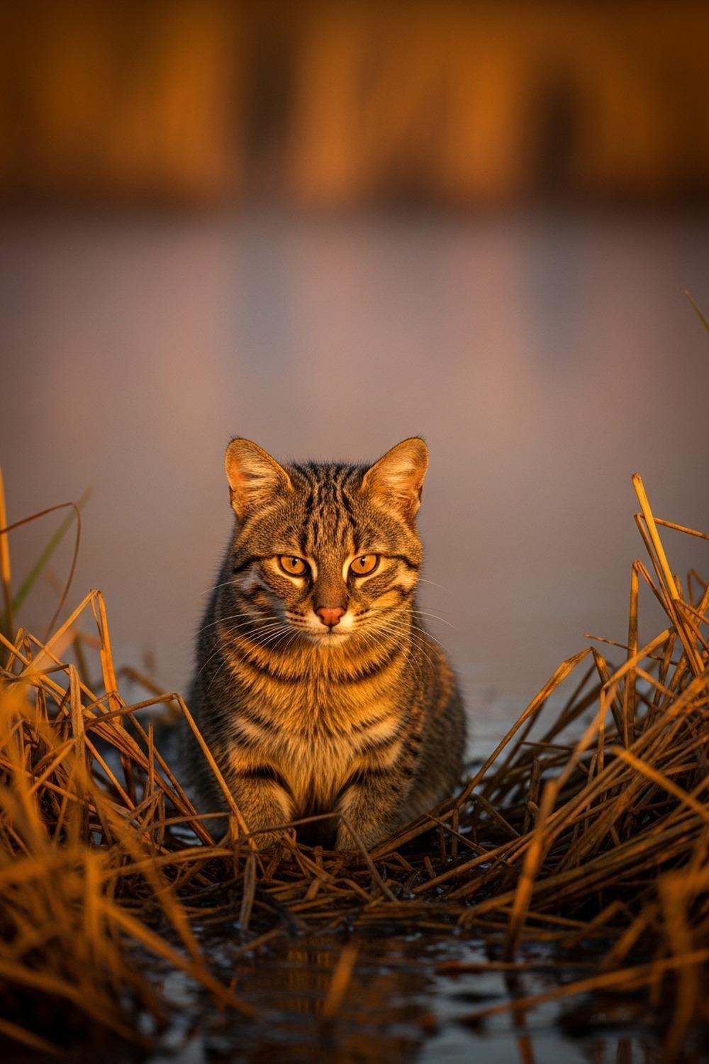 A jungle cat crouching in dense reed beds at the edge of a misty wetland
