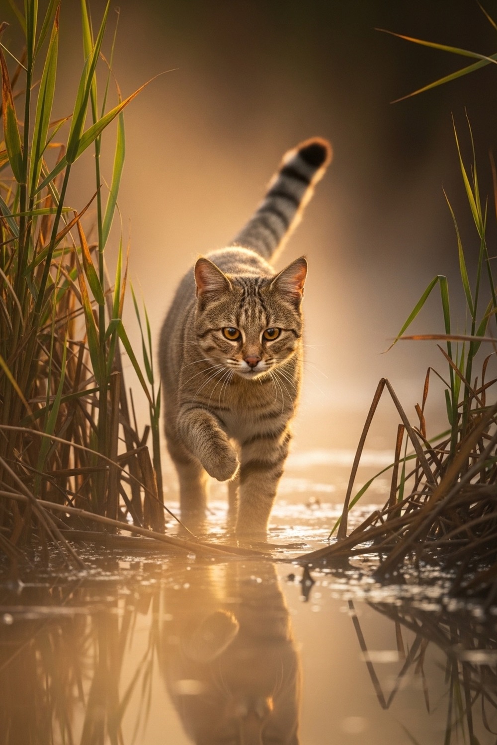 A jungle cat stalking silently through dense reed beds at the edge of a misty wetland