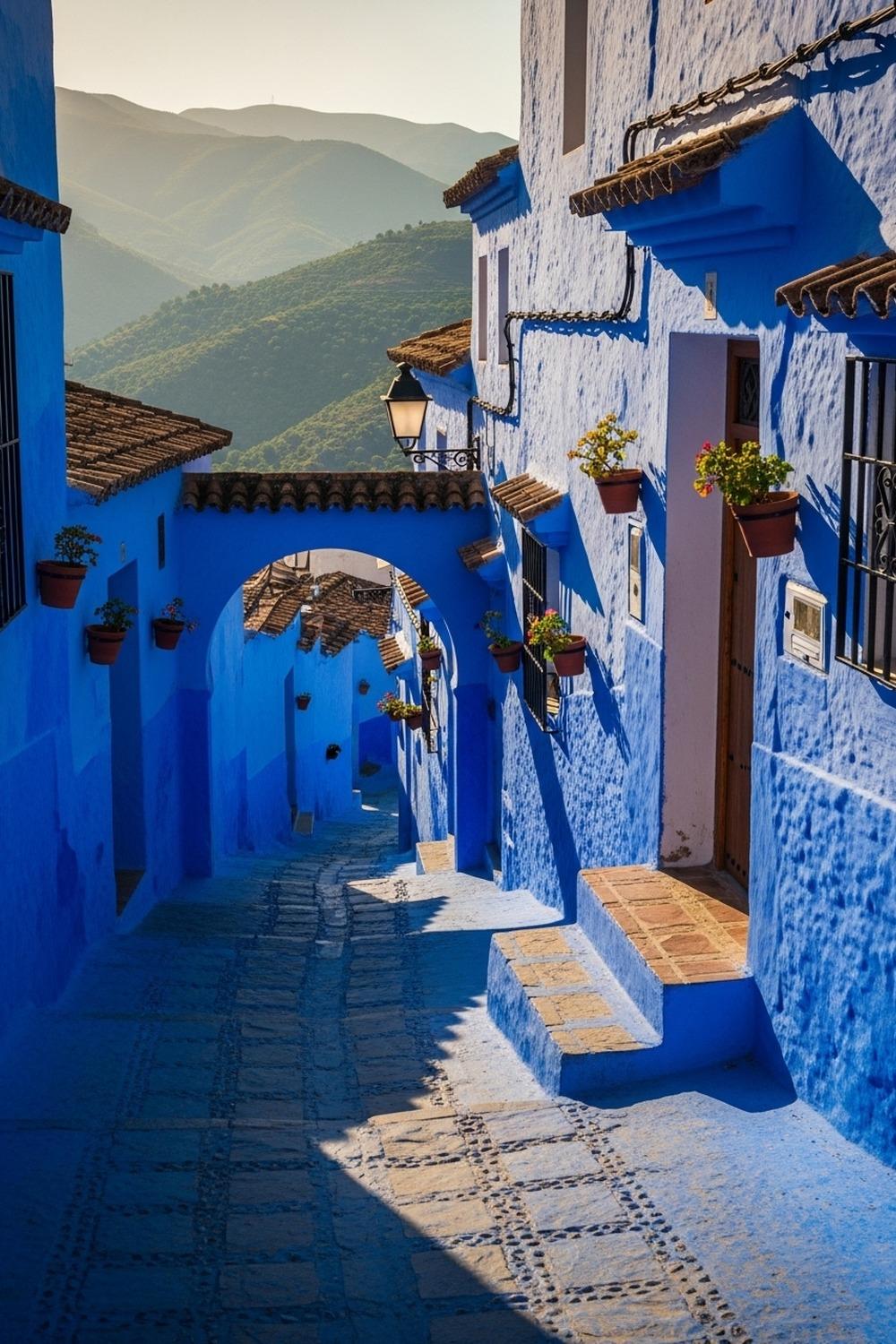 Cobalt blue painted buildings and narrow streets of Júzcar village in Andalusia Spain