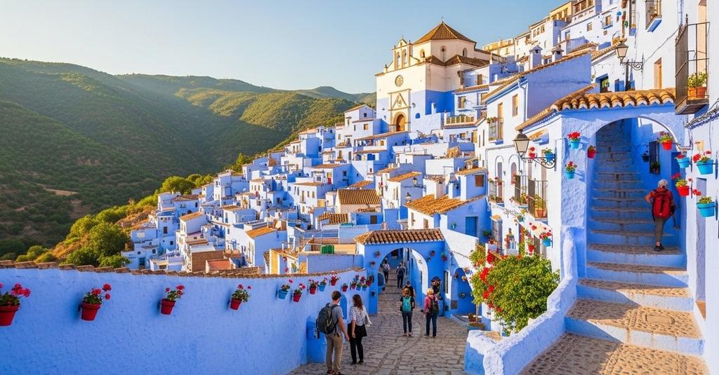 Aerial view of a vivid blue Spanish mountain village surrounded by green Andalusian hills