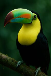 Keel-billed toucan perched on moss-covered branch showing full colorful bill in profile