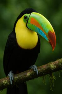 Keel-billed toucan perched on moss-covered branch showing its vivid multicolored bill